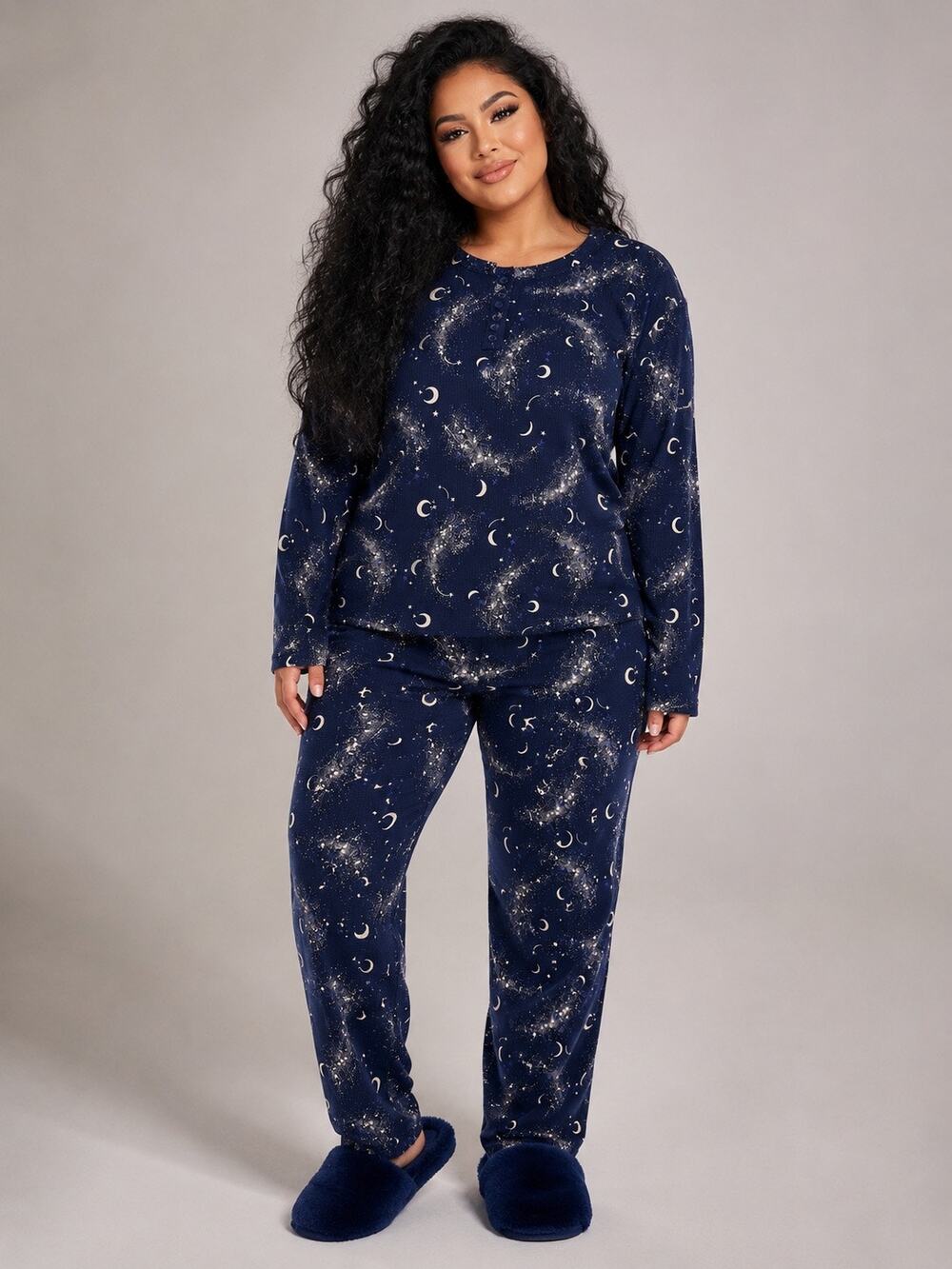 Sleep by Cacique Navy Celestial Moon Star Thermal Pajama Set 22/24 Long